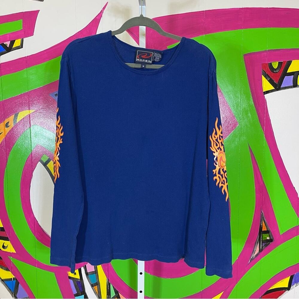 Roper, Ribbed Blue Long Sleeve Shirt with Flames details on the sleeve. Size 1X.